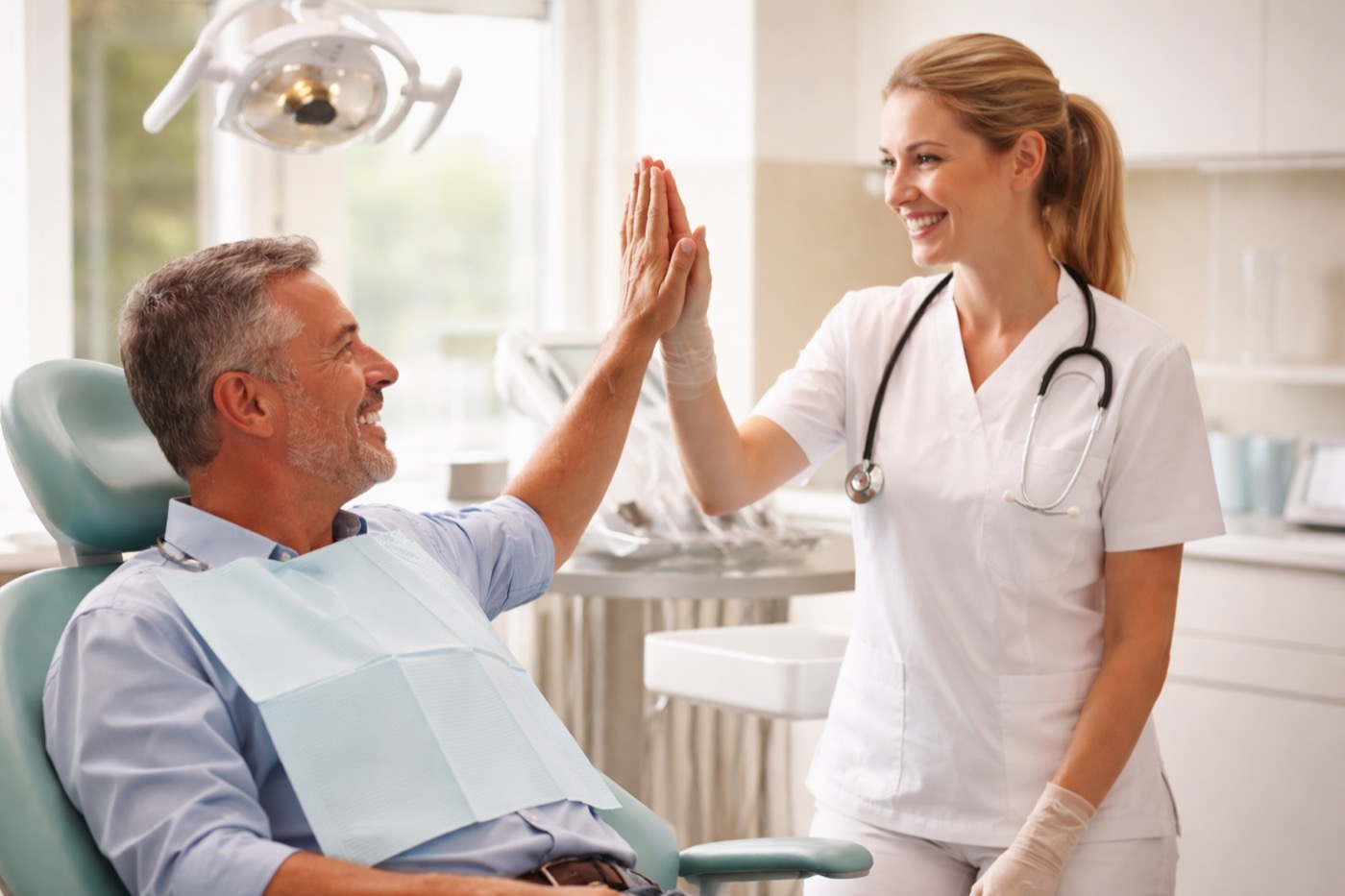 Dentist high-fiving a patient