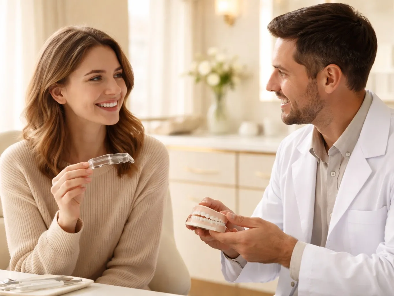 An orthodontist explaining clear aligners